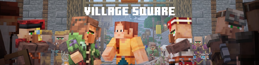 Minecraft characters gather in a busy village square. Text reads: Village Square.