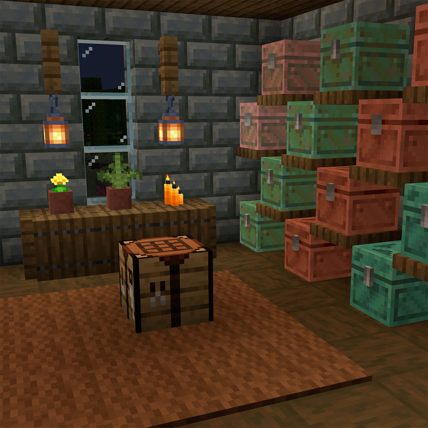 A storage room with lanterns, potted plants, candles, a crafting table, and stacks of copper storage chests lining the walls.