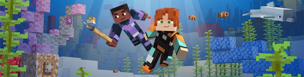 Two Minecraft characters swim underwater in a vibrant ocean scene, surrounded by coral, fish, and a dolphin, conveying a sense of adventure.