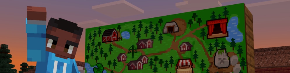 A Minecraft character raises an arm in front of a large, colorful map. The map shows a village with pathways, trees, and various buildings at sunset.