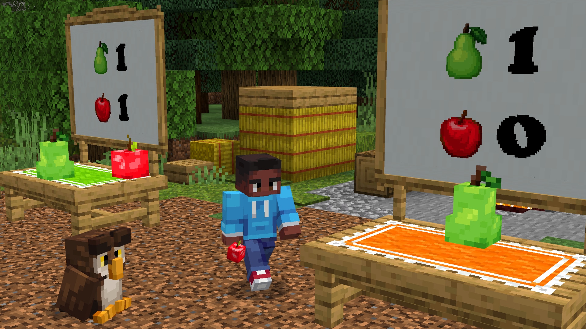A Minecraft character in a blue hoodie walks in a pixelated forest, holding a red fruit. Nearby, an owl sits. Signs show a pear and apple with binary numbers.