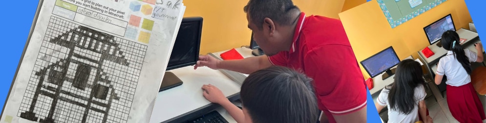 A collage showing a pixel art grid drawing of a building, a teacher helping a student at a computer, and students working at computers in a classroom.