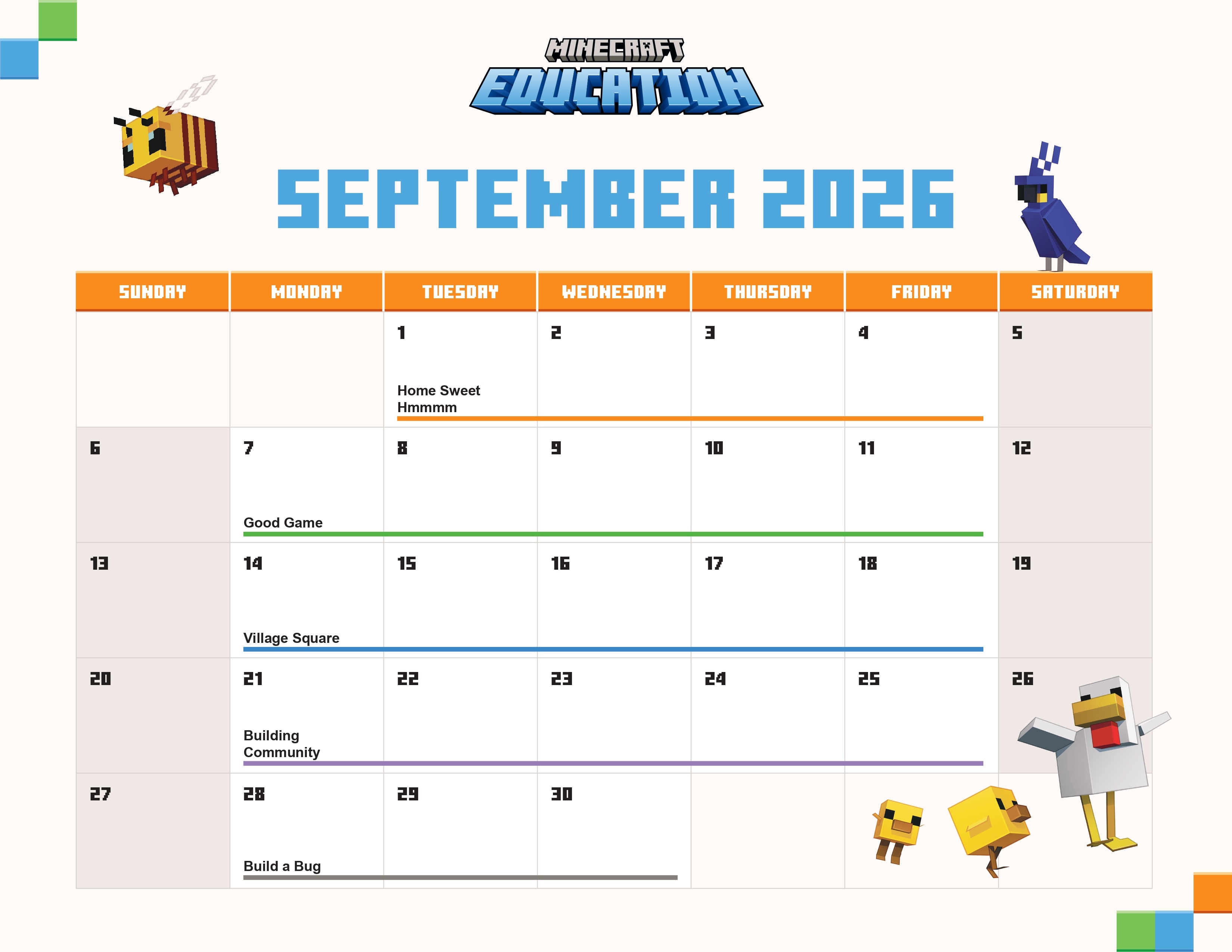 Colorful Minecraft Education September 2026 calendar with themed weekly activities, orange headers, and pixel-art characters on a clean grid.