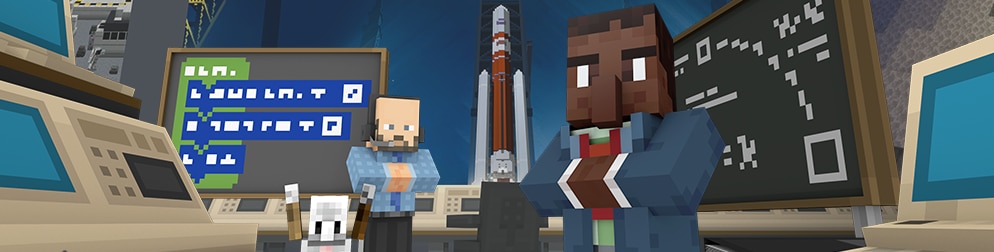 Two Minecraft characters stand in a mission control room with a rocket visible in the background, surrounded by chalkboards, monitors, and control panels.