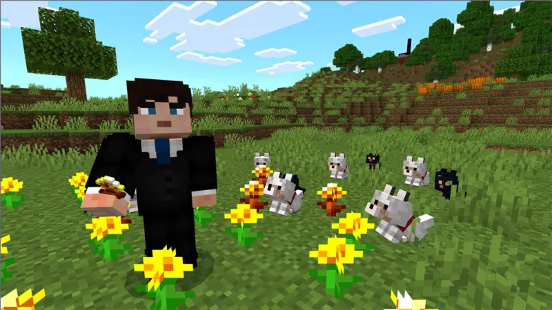 A suited Minecraft character stands in a sunny flower field surrounded by wolves and black cats.