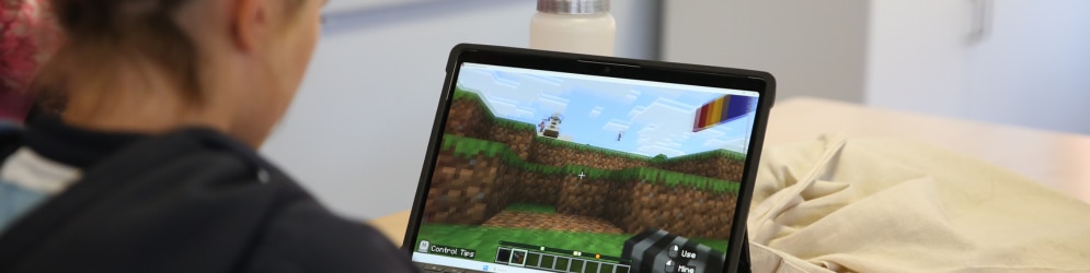 A child playing a video game on the laptop screen.