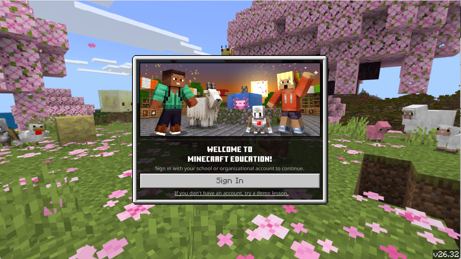 Minecraft Education Edition sign-in screen over a cherry blossom landscape, with Minecraft characters, animals, flowers, and pink trees.