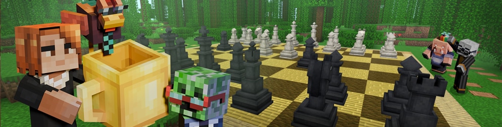 Minecraft characters, including a rooster in sunglasses, gather beside a gold trophy and a giant chessboard in a forest.