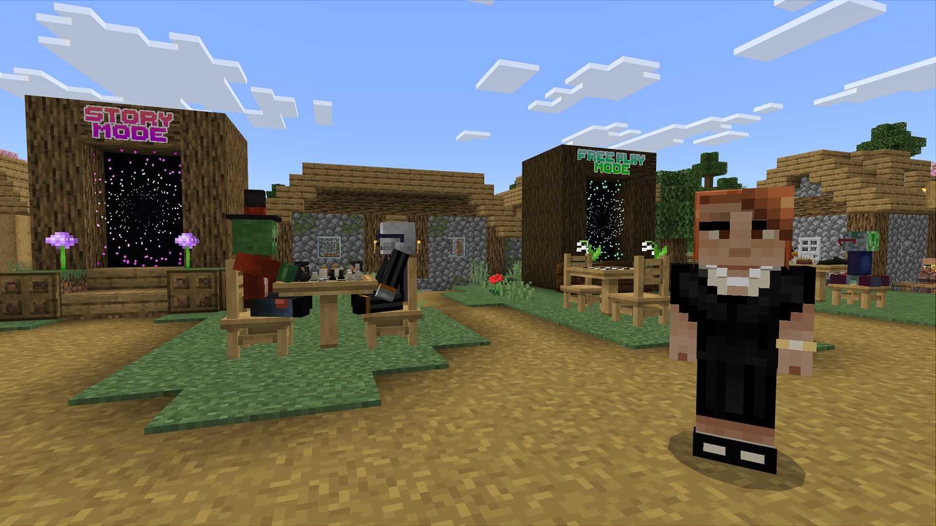 Minecraft characters play chess at a table in a village, near portals labeled Story Mode and Free Play Mode.