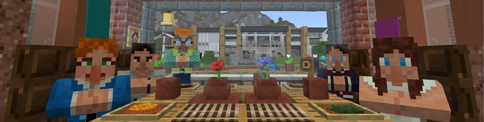 Minecraft characters sit around a table indoors while another character stands outside, with a school building in the background.