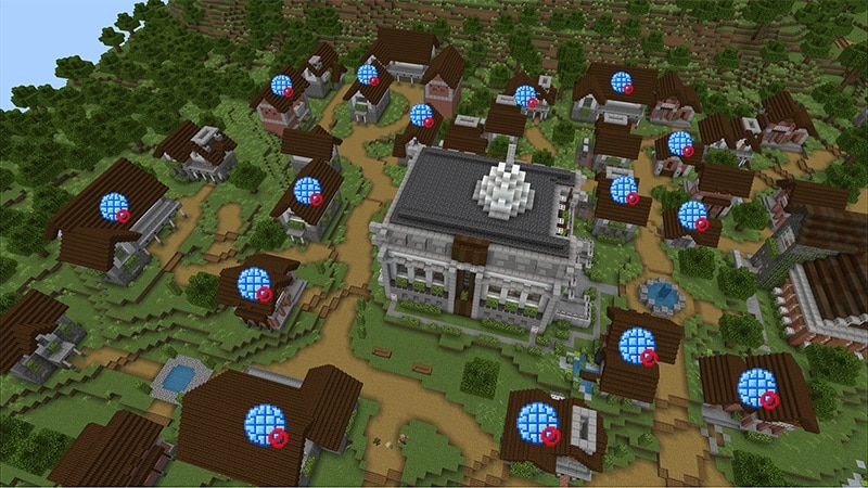 A Minecraft village seen from above with map markers placed on buildings around a large central structure.
