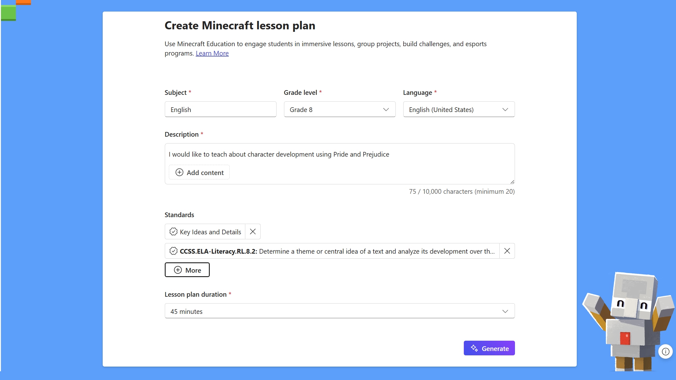 Minecraft Education lesson plan form with fields for subject, grade level, language, description, standards, and lesson duration, plus a Generate button.
