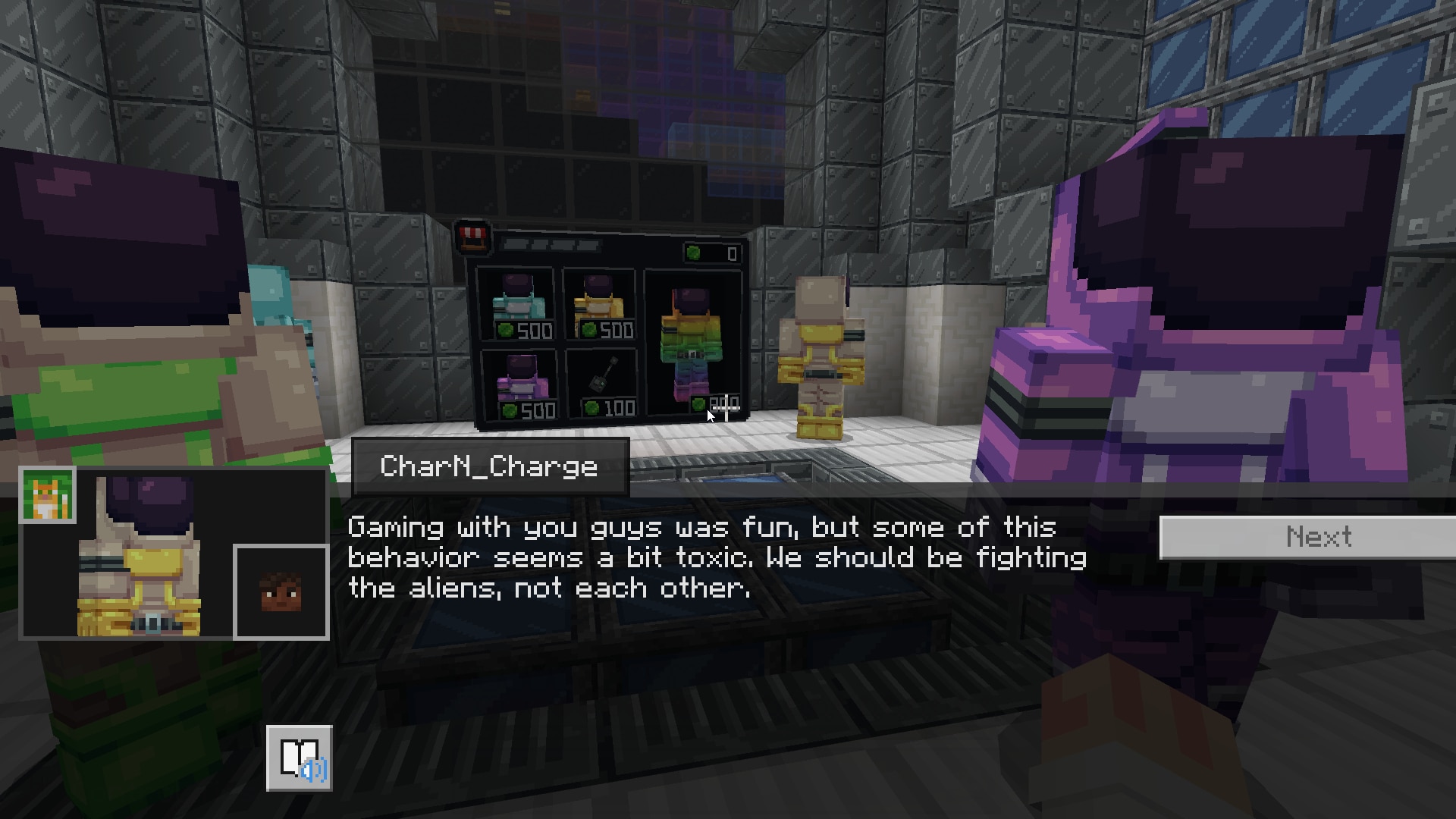 In the game scene with three Minecraft characters facing a vending machine. Text reads: Gaming with you guys was fun, but some of this behavior seems a bit toxic. We should be fighting the aliens, not each other.