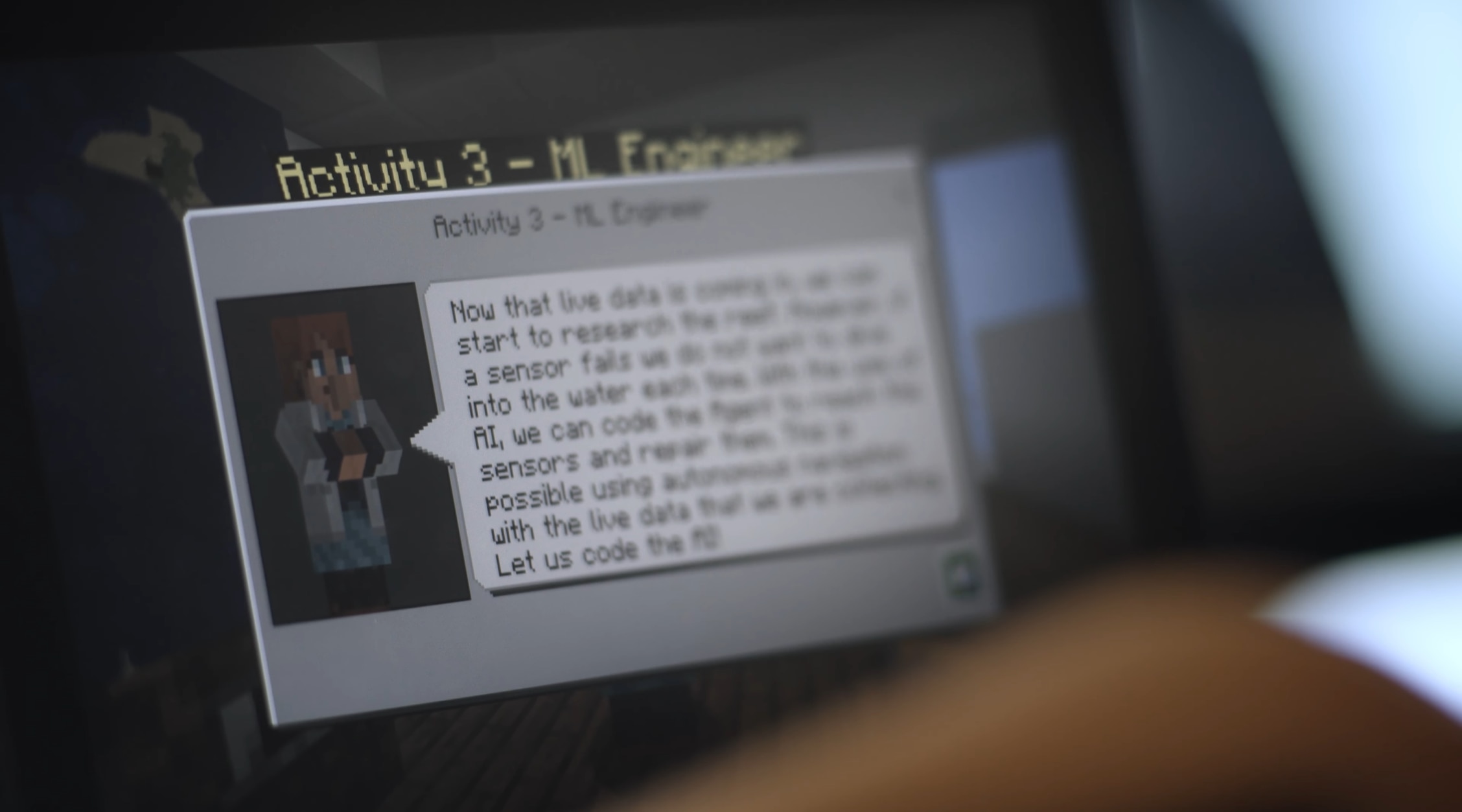 Close-up of a Minecraft activity screen with an instruction window open.