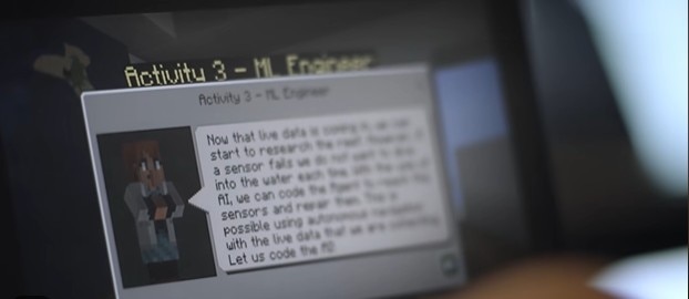 Close-up of a Minecraft activity screen with an instruction window open.