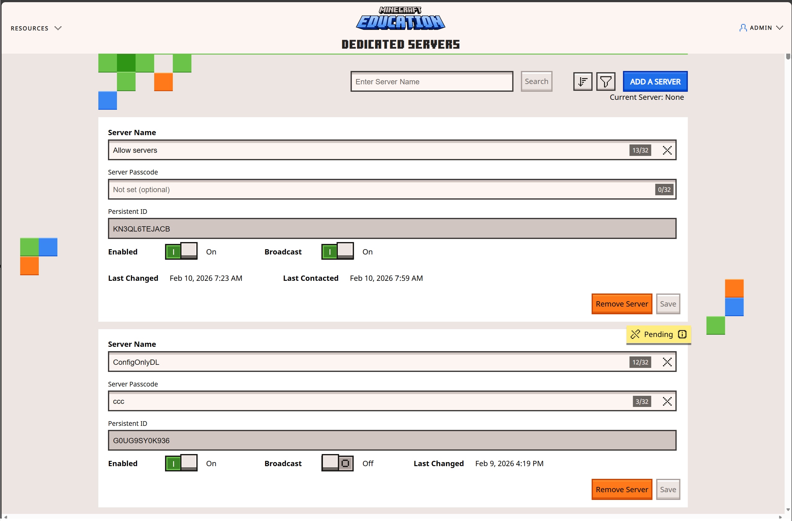 Minecraft Education "Dedicated Servers" admin screen with server name and passcode fields, persistent IDs, and other controls.