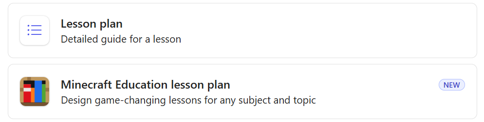 Two lesson plan options, including Minecraft Education lesson plan marked as new.