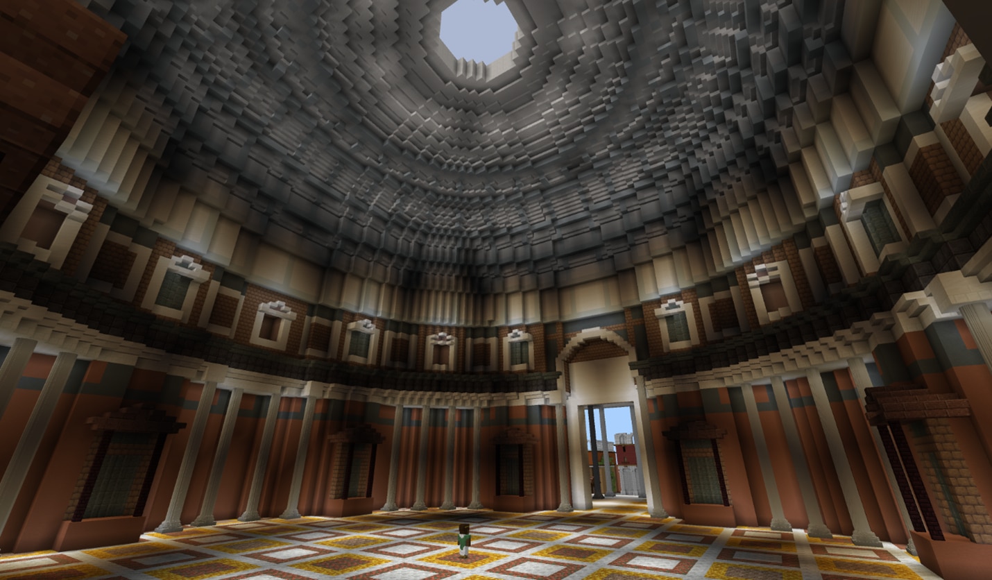A grand, circular room in Minecraft with a detailed domed ceiling and Minecraft character stands on the floor.