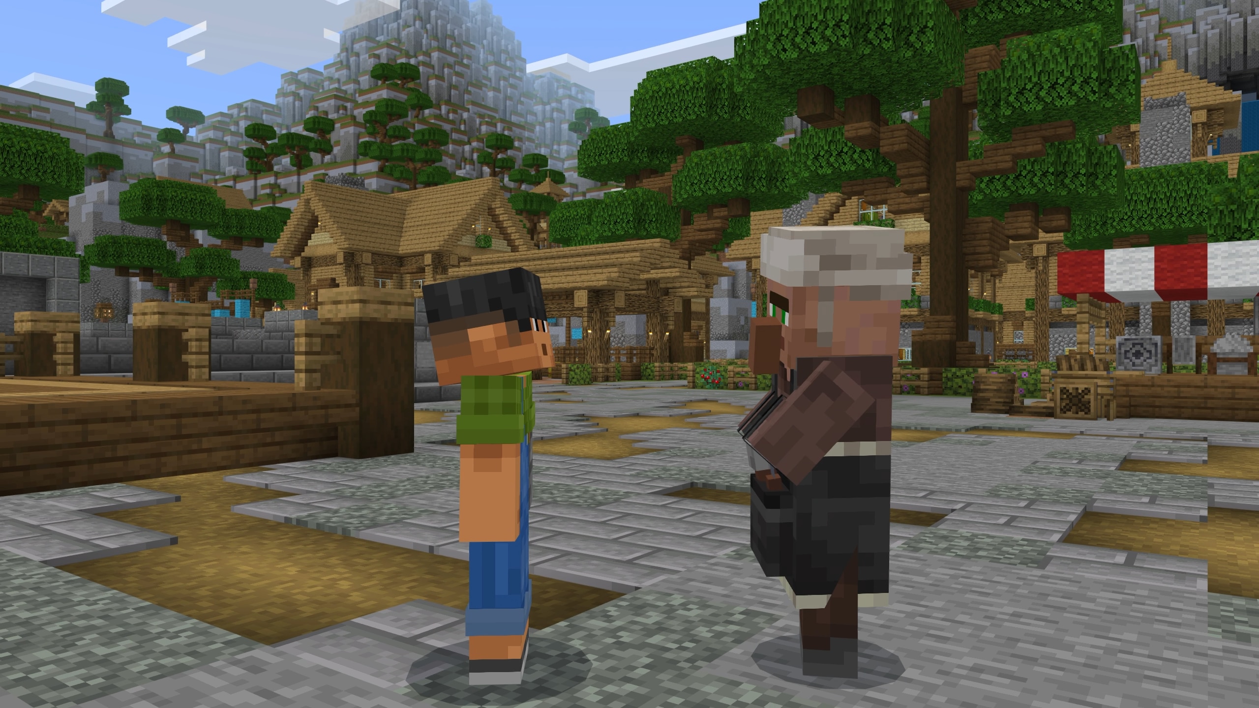 Two Minecraft characters talking in a village square.