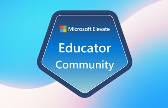 A blue pentagonal badge for the Microsoft Elevate Educator Community.