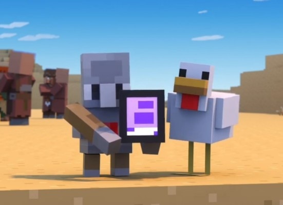 The Minecraft agent and chicken are holding a computer tablet in a desert biome.