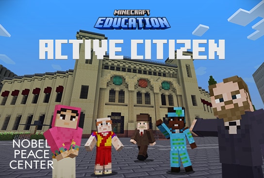 Minecraft characters in front of the Nobel Peace Center building.