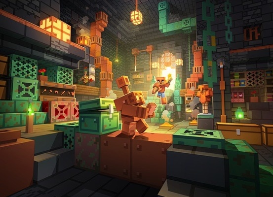 Minecraft characters explore a glowing underground cave filled with green and orange blocks, solving challenges together in a digital learning environment.