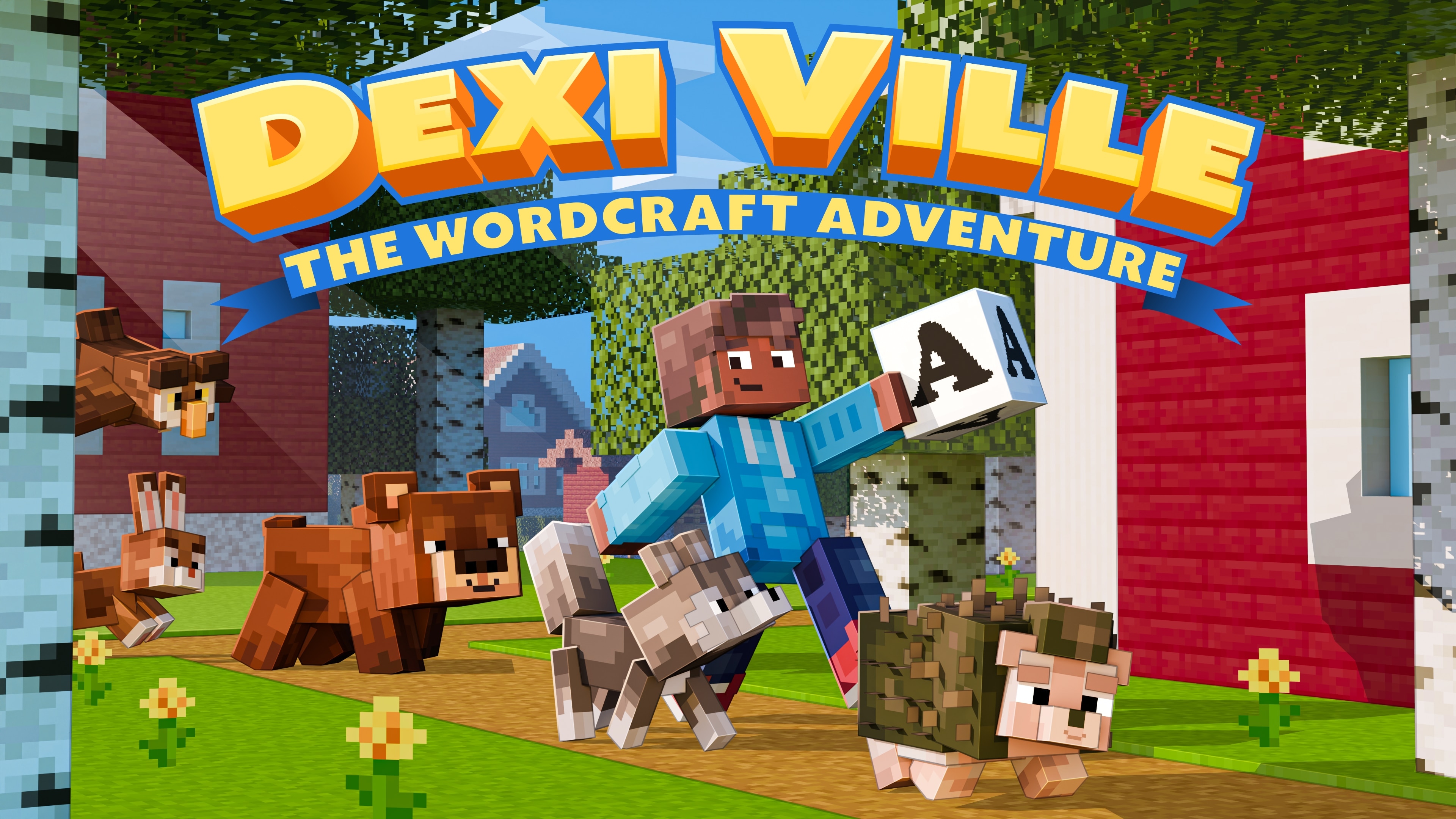 A Minecraft character holding a letter block runs joyfully with animals on a path lined with trees and flowers beneath text above reads Dexi Ville.