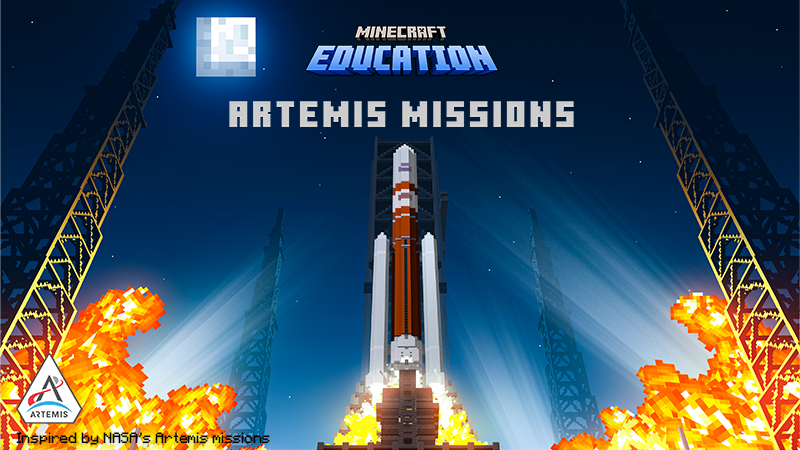 A Pixelated rocket launch in Minecraft style, surrounded by flames beneath text reading Minecraft Education Artemis Missions