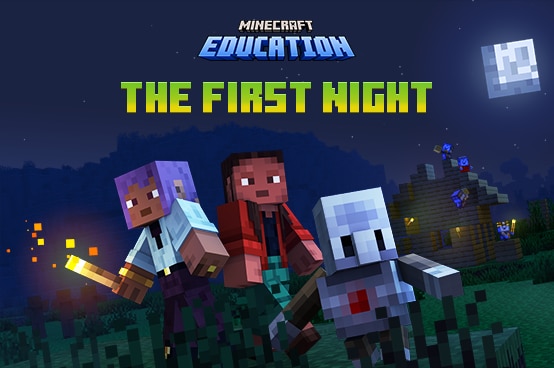 Tre personaggi di Minecraft corrono in un villaggio di notte, uno di loro impugna una torcia. Testo: La prima notte