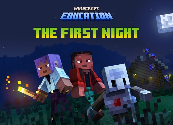 Three players run through a village at night, one holding a torch. Text reads: The First Night