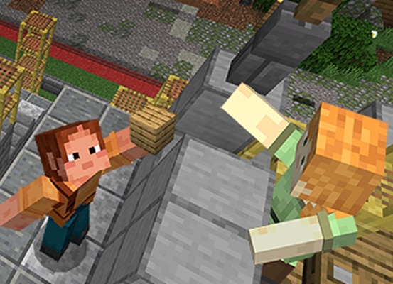 A player climbs a blocky tower on scaffolding, reaching out to place a block.