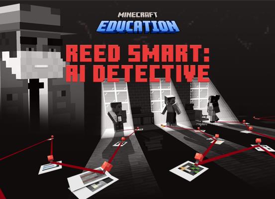 A detective character watches over three other characters outlined against lit windows. On the floor, red lines and pins connect the characters to scattered documents and photos. Text reads: Reed Smart: AI Detective.