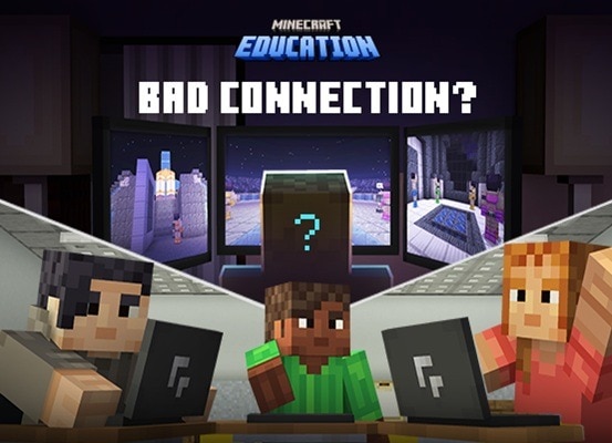 Three Minecraft characters use laptops as a shadowy figure with a question mark watches from a dark room with three computer monitors.