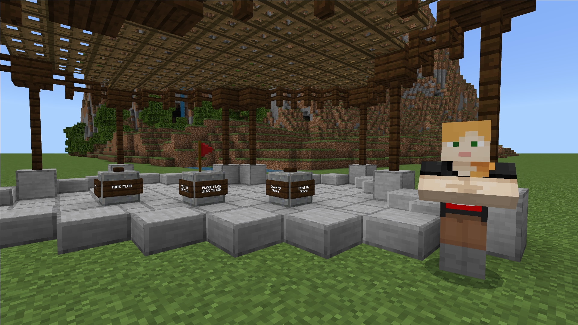 A Minecraft character stands beside flag challenge stations under a wooden shelter.