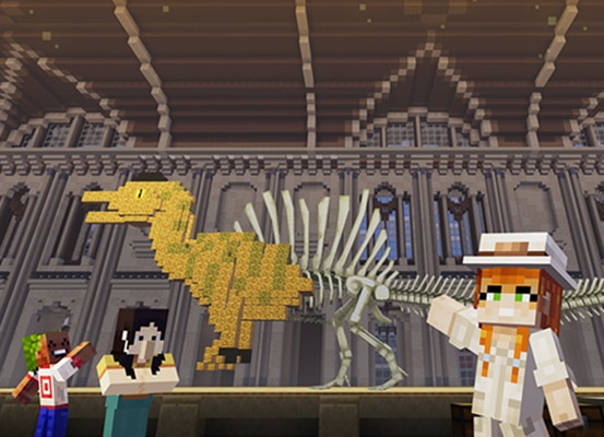 Three blocky characters excitedly interact with the display depicting a museum with pixelated dinosaur skeleton and fossils.