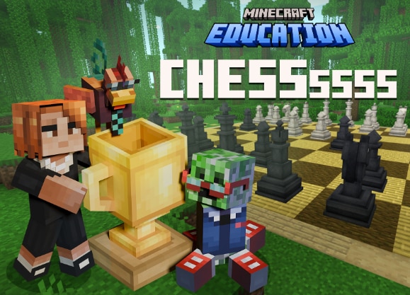 Minecraft characters playing chess on a large board in a jungle text reading Minecraft Education CHESSssss