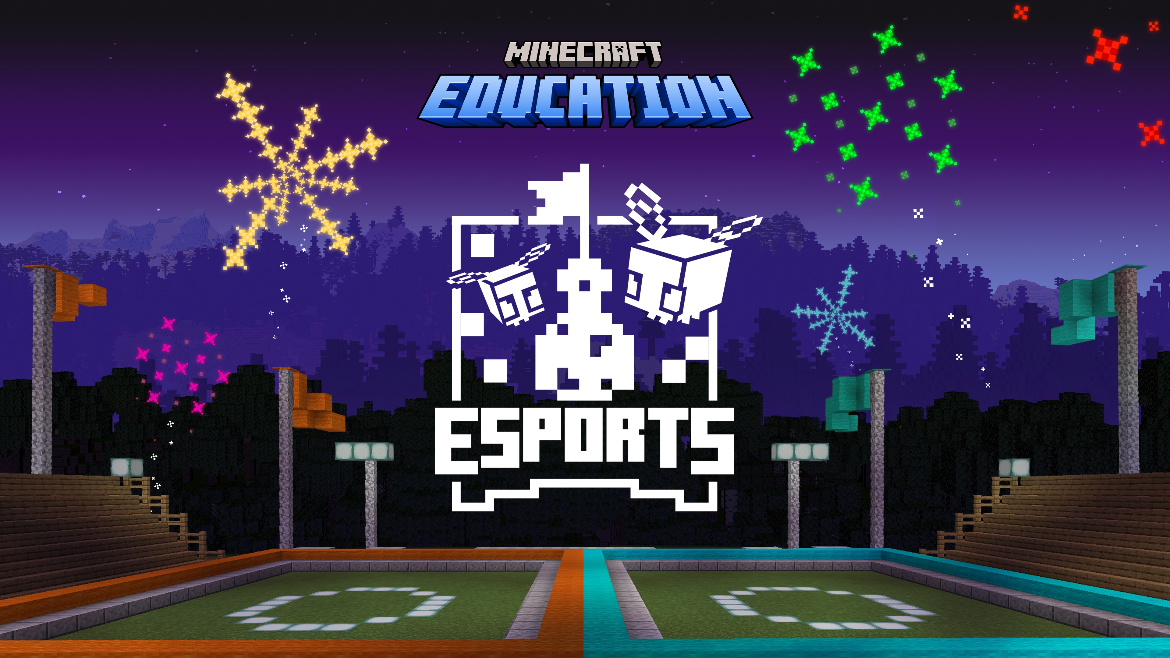 A Minecraft stadium at night with colorful fireworks, featuring a play button and the Minecraft Education Esports logo.