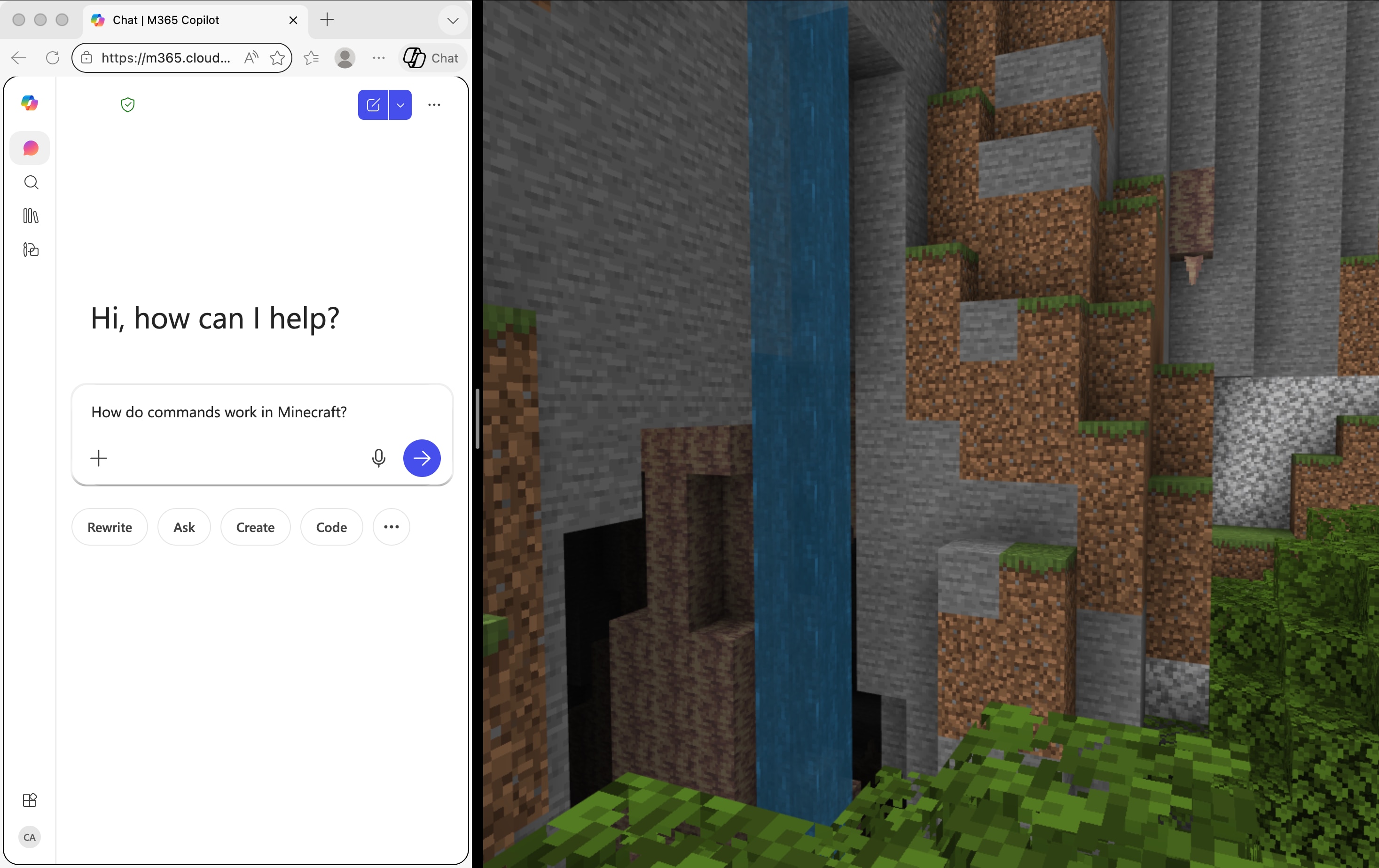 M365 Copilot chat appears beside a Minecraft cliffside scene with a waterfall.