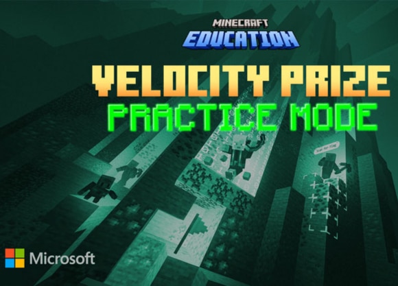 A Minecraft cavern course with flags and obstacles. Text reads: Velocity Prize Practice Mode.