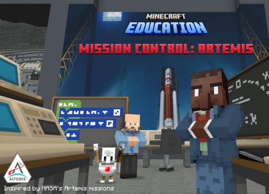 Artemis showing a mission controller, a scientist, and a small robot dog in a control room with a rocket on the launchpad behind them.