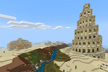 Minecraft landscape with river, farmland, and a tower resembling the Tower of Babel.