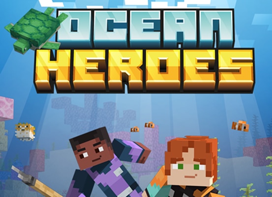Two Minecraft characters explore an underwater scene with coral, fish, and a turtle beneath text which reads: Ocean Heroes.