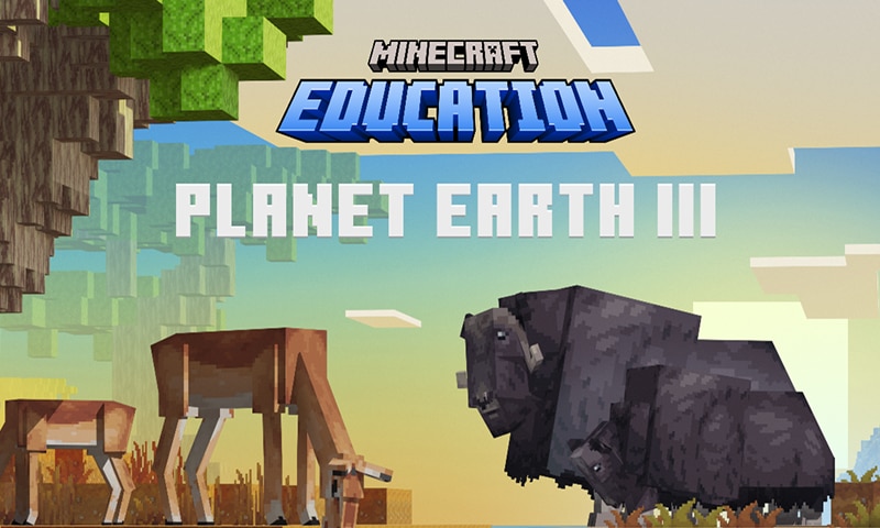 Minecraft scene showing blocky animals under a tree, beneath text reading Minecraft Education Planet Earth III