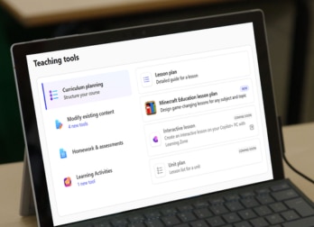 Tablet showing teaching tools options, including Minecraft Education lesson plan.