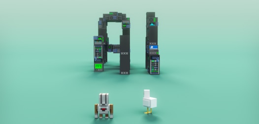 AI spelled with Minecraft-style servers, with a robot and chicken in front.