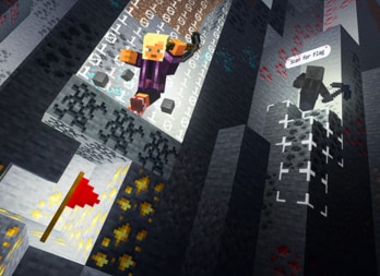 A Minecraft character runs through a cavern obstacle course with flags and glowing ore.