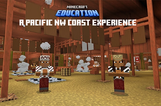 Minecraft scene of a traditional Pacific Northwest longhouse with Indigenous characters.