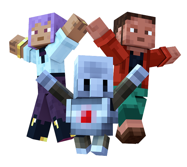 Two Minecraft characters and a small robot jump with arms raised.