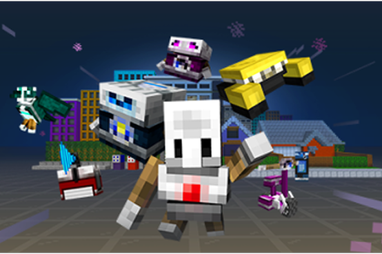 Un robot bianco di Minecraft saluta al centro mentre piccole macchine e gadget gli girano intorno, con una città e una griglia sul pavimento sullo sfondo.